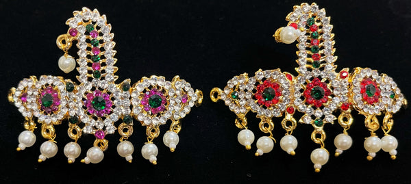 Turai Ornament – Royal Turban Jewel - Pink, white & green stones on South Indian Stones metal alloy / Red, white & green stones on South Indian Stones metal alloy / White and blue stones on South Indian Stones metal alloy - Length: 2 inches, Width: 2.5 inches