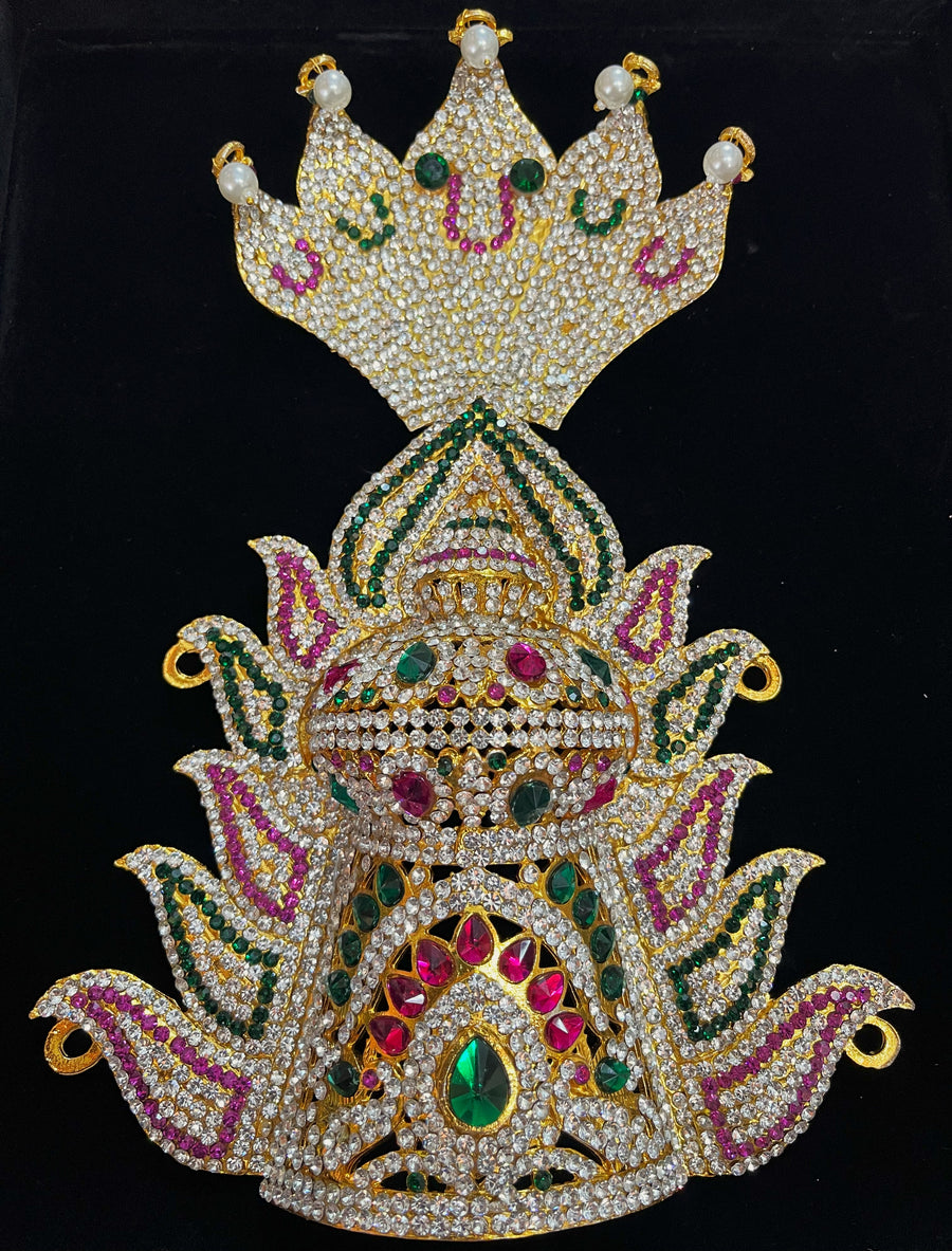 Agni Prabha Crown with Flame & Serpent - Pink, white & green stones on South Indian Stones metal alloy - Length: 9.5 inches, Width: 4 inches
