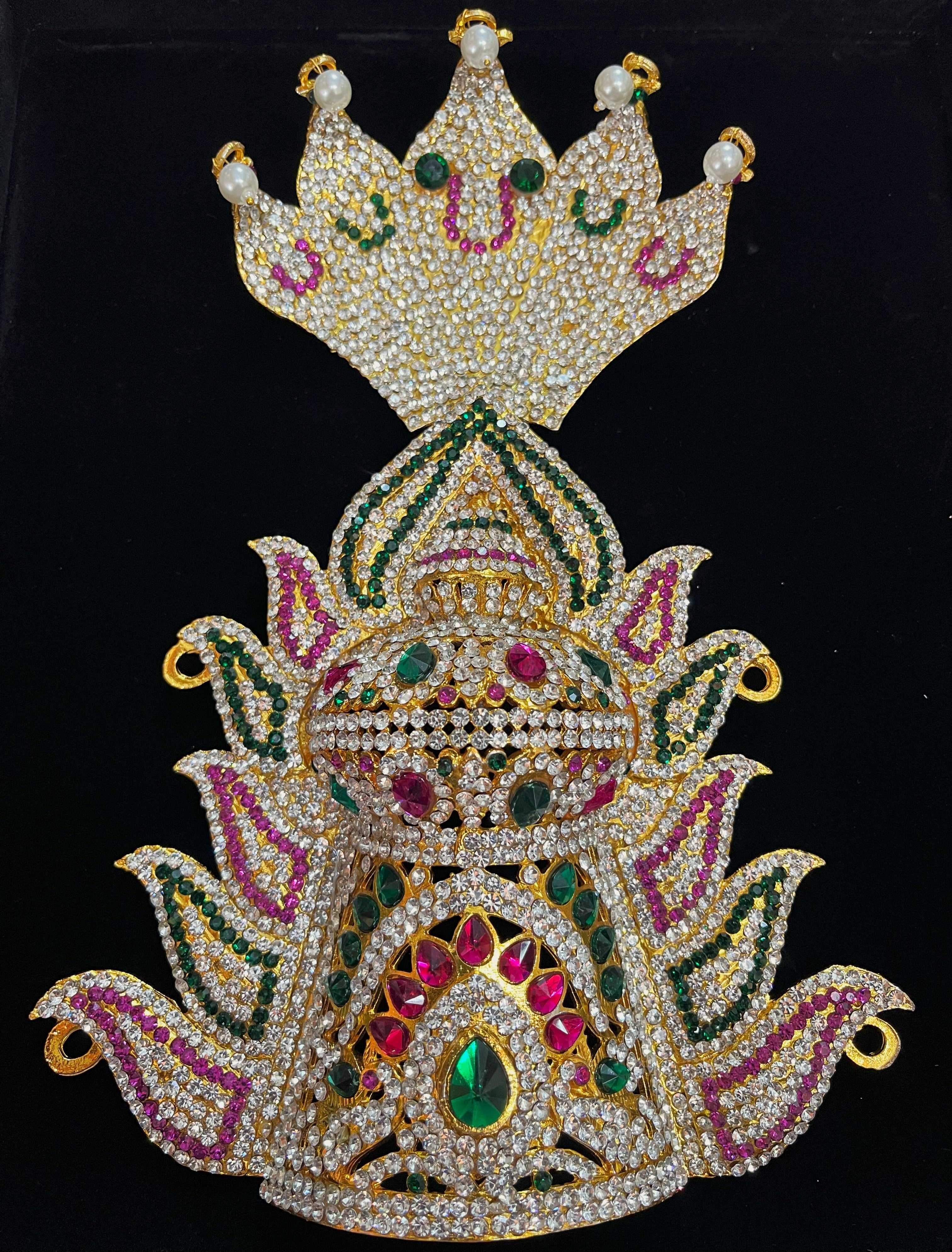 Agni Prabha Crown with Flame & Serpent - Pink, white & green stones on South Indian Stones metal alloy - Length: 9.5 inches, Width: 4 inches
