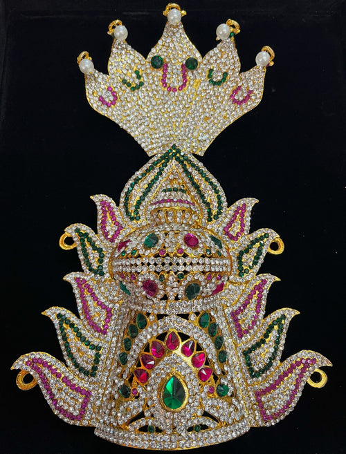 Agni Prabha Crown with Flame & Serpent - Pink, white & green stones on South Indian Stones metal alloy - Length: 9.5 inches, Width: 4 inches