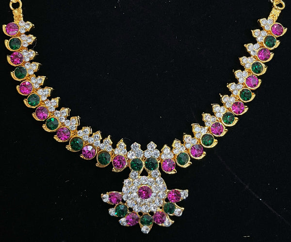 Short Necklace (Addigai) - Pink, white & green stones on South Indian Stones metal alloy - Length: 4.5 inches, Width: 5 inches