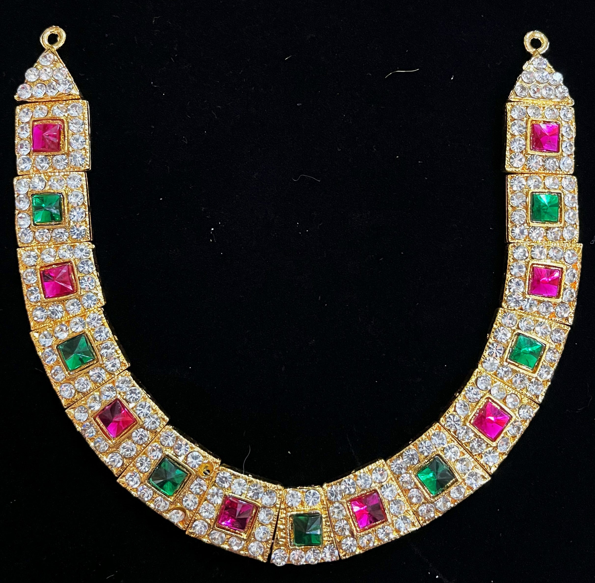 Short Necklace (Addigai) - Pink, white & green stones / Red, white & green stones on South Indian Stones metal alloy - Length: 5 inches, Width: 6 inches 2