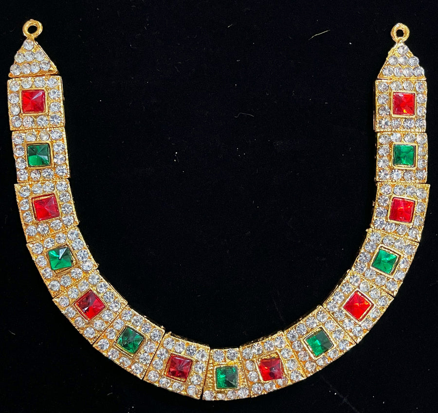 Short Necklace (Addigai) - Pink, white & green stones / Red, white & green stones on South Indian Stones metal alloy - Length: 5 inches, Width: 6 inches