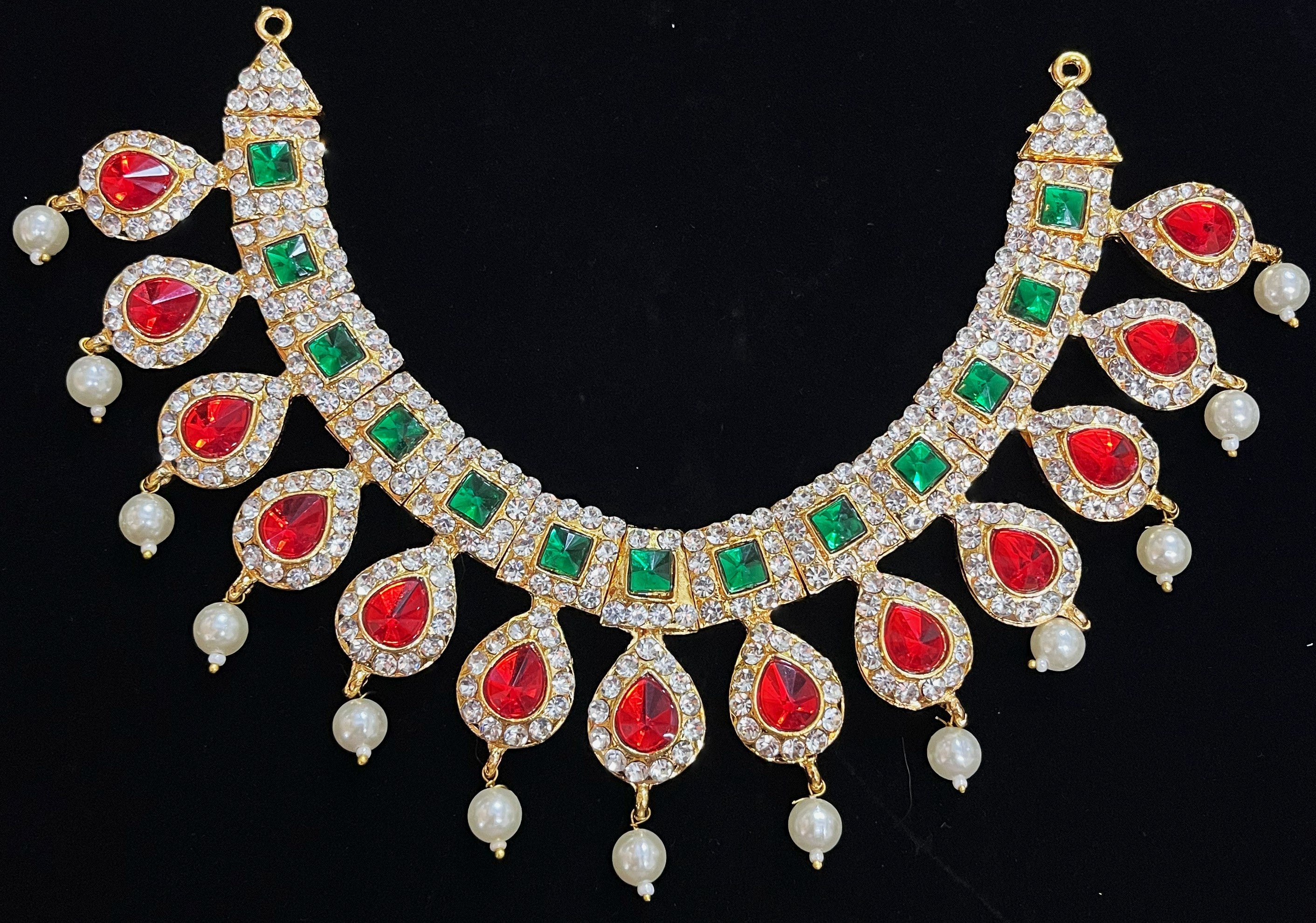 Short Necklace (Addigai) - Pink, white & green stones / Red, white & green stones on South Indian Stones metal alloy - Length: 5.5 inches, Width: 6 inches 2