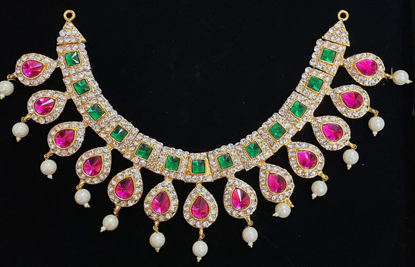 Short Necklace (Addigai) - Pink, white & green stones / Red, white & green stones on South Indian Stones metal alloy - Length: 5.5 inches, Width: 6 inches