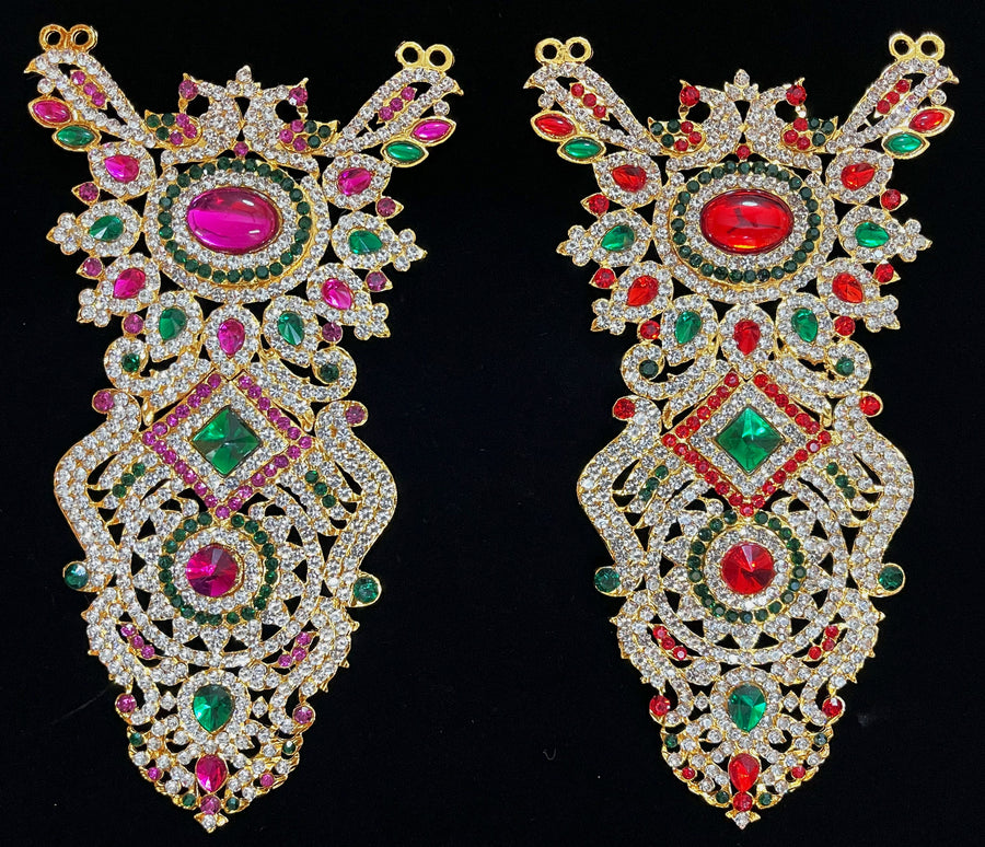 Short Necklace (Addigai) - Pink, white & green stones / Red, white & green stones on South Indian Stones metal alloy - Length: 6.5 inches, Width: 3 inches