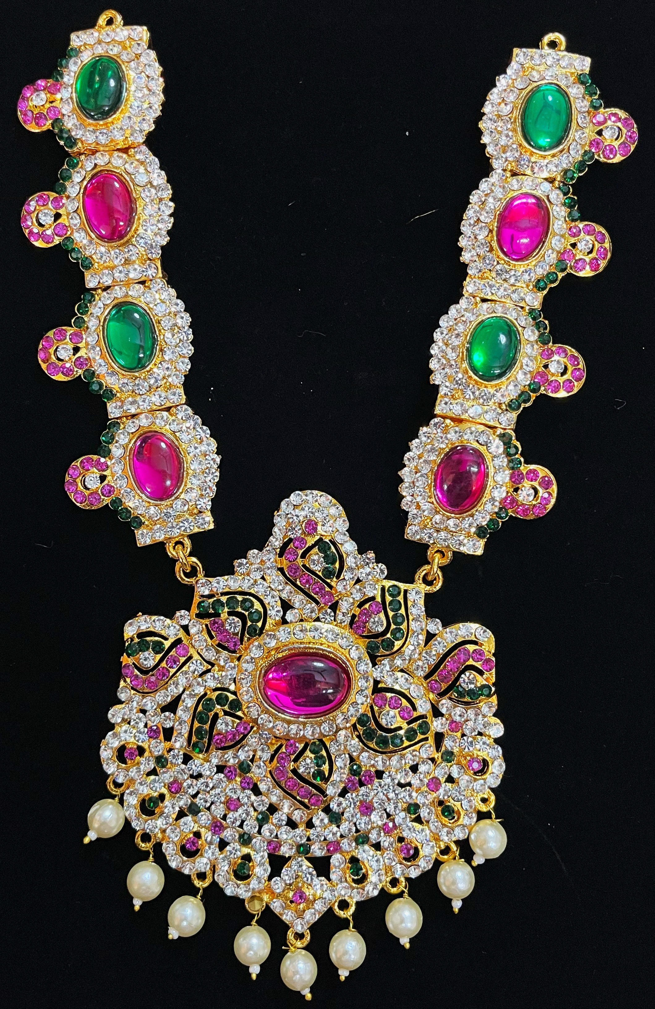 Long Haram – South Indian Temple Jewellery - Pink, white & green stones / Red, white & green stones on South Indian Stones metal alloy - Length: 8 inches 2
