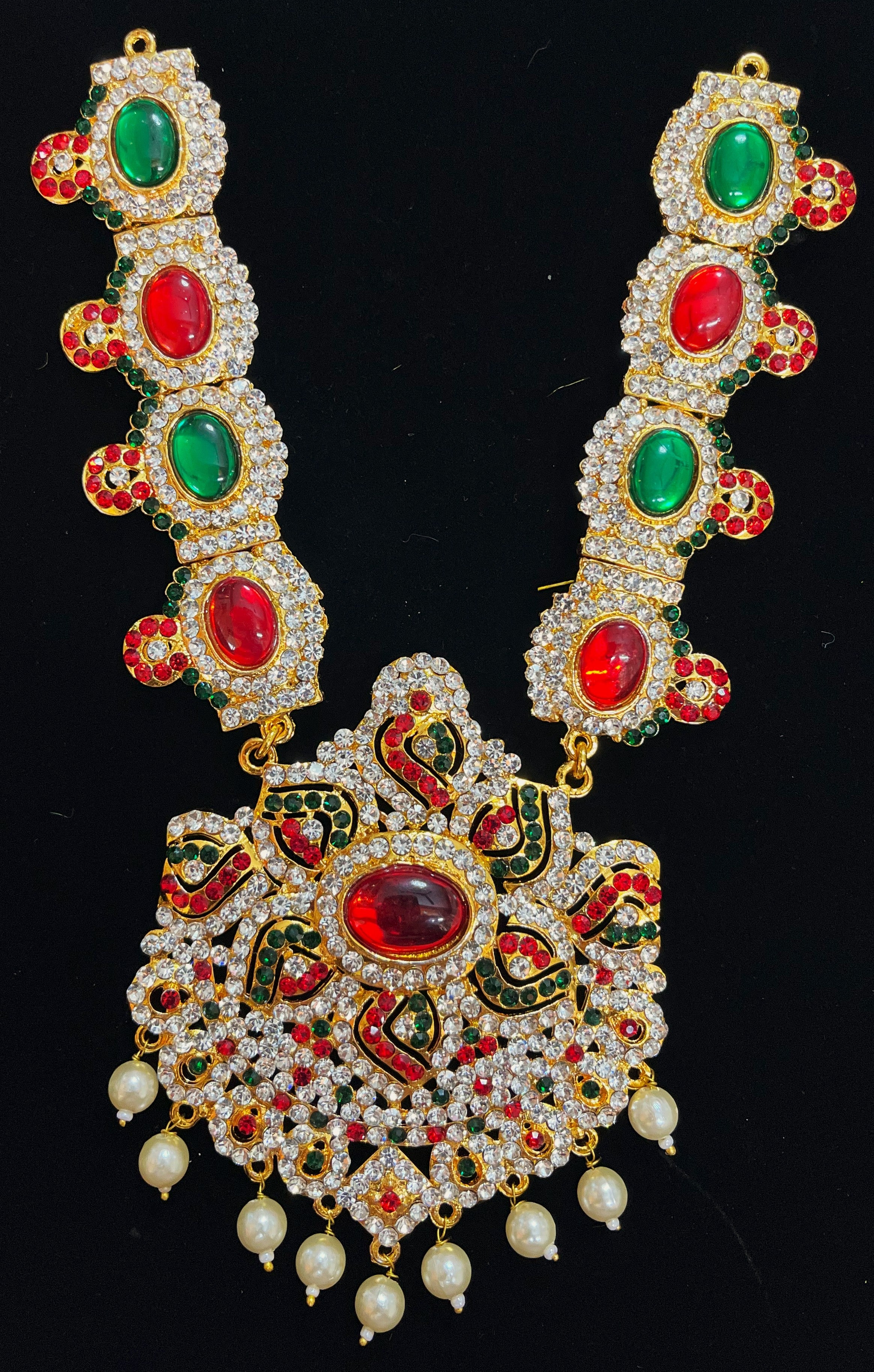 Long Haram – South Indian Temple Jewellery - Pink, white & green stones / Red, white & green stones on South Indian Stones metal alloy - Length: 8 inches 1