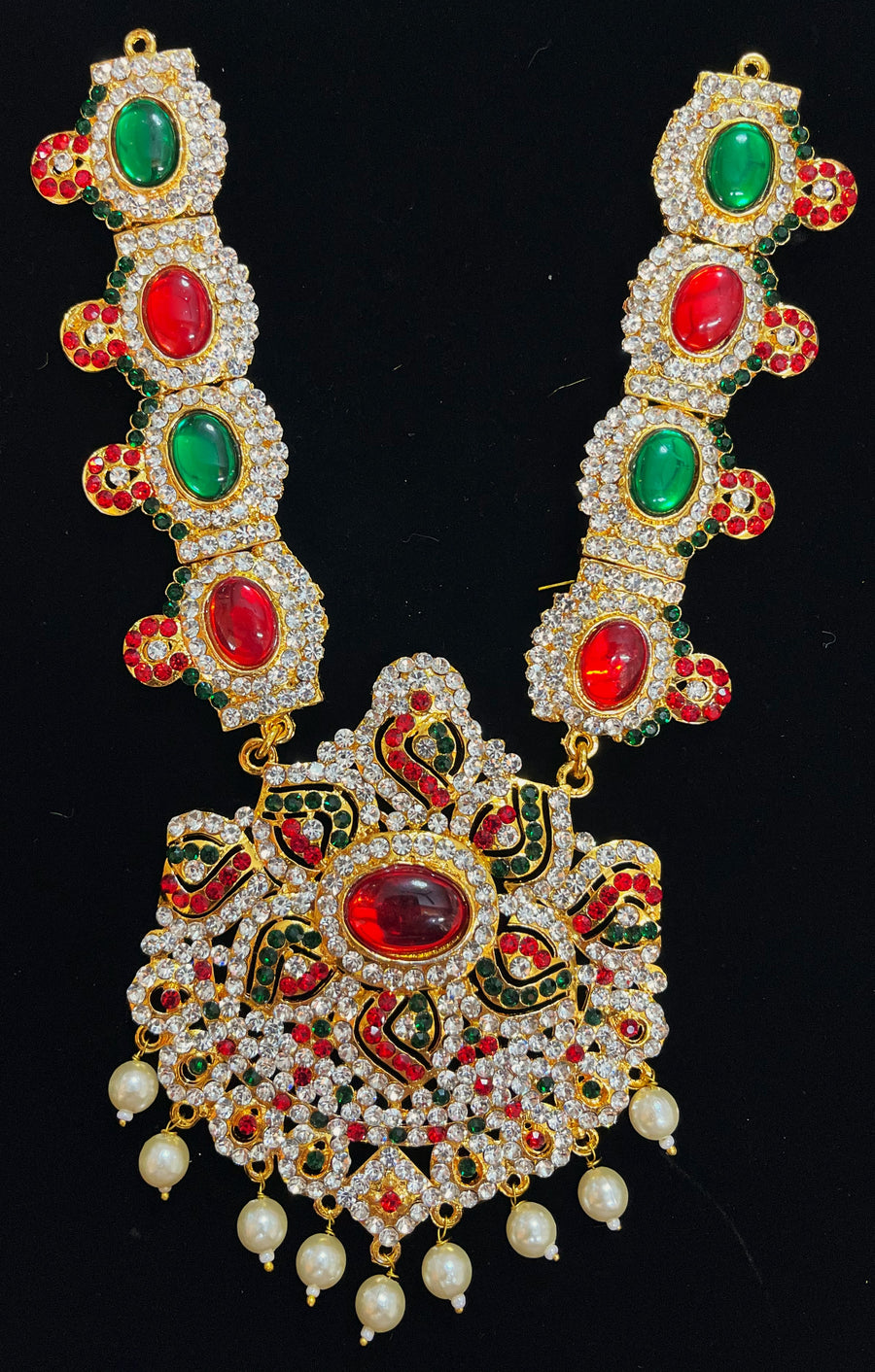Long Haram – South Indian Temple Jewellery - Pink, white & green stones / Red, white & green stones on South Indian Stones metal alloy - Length: 8 inches