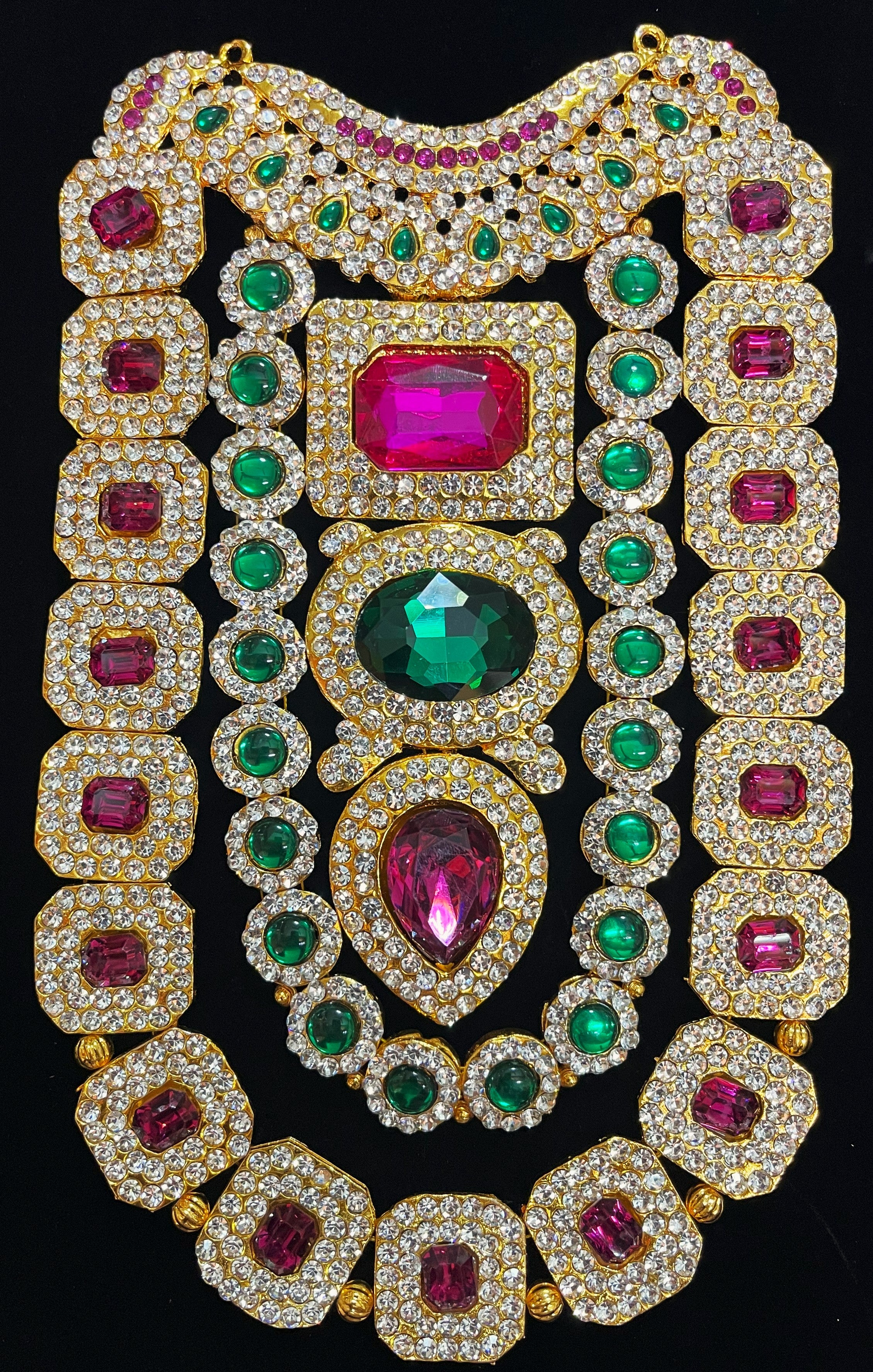 Multi-Layer Temple Haram – Royal Grand Alankaram - Pink, white & green stones / Red, white & green stones on South Indian Stones metal alloy - Length: 8.5 inches, Width: 3 inches 2
