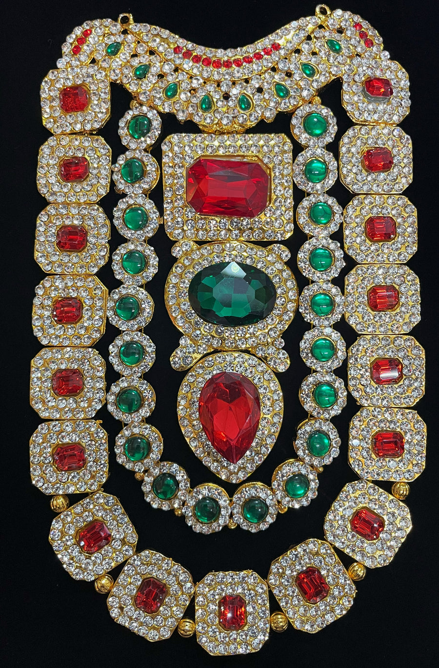 Multi-Layer Temple Haram – Royal Grand Alankaram - Pink, white & green stones / Red, white & green stones on South Indian Stones metal alloy - Length: 8.5 inches, Width: 3 inches