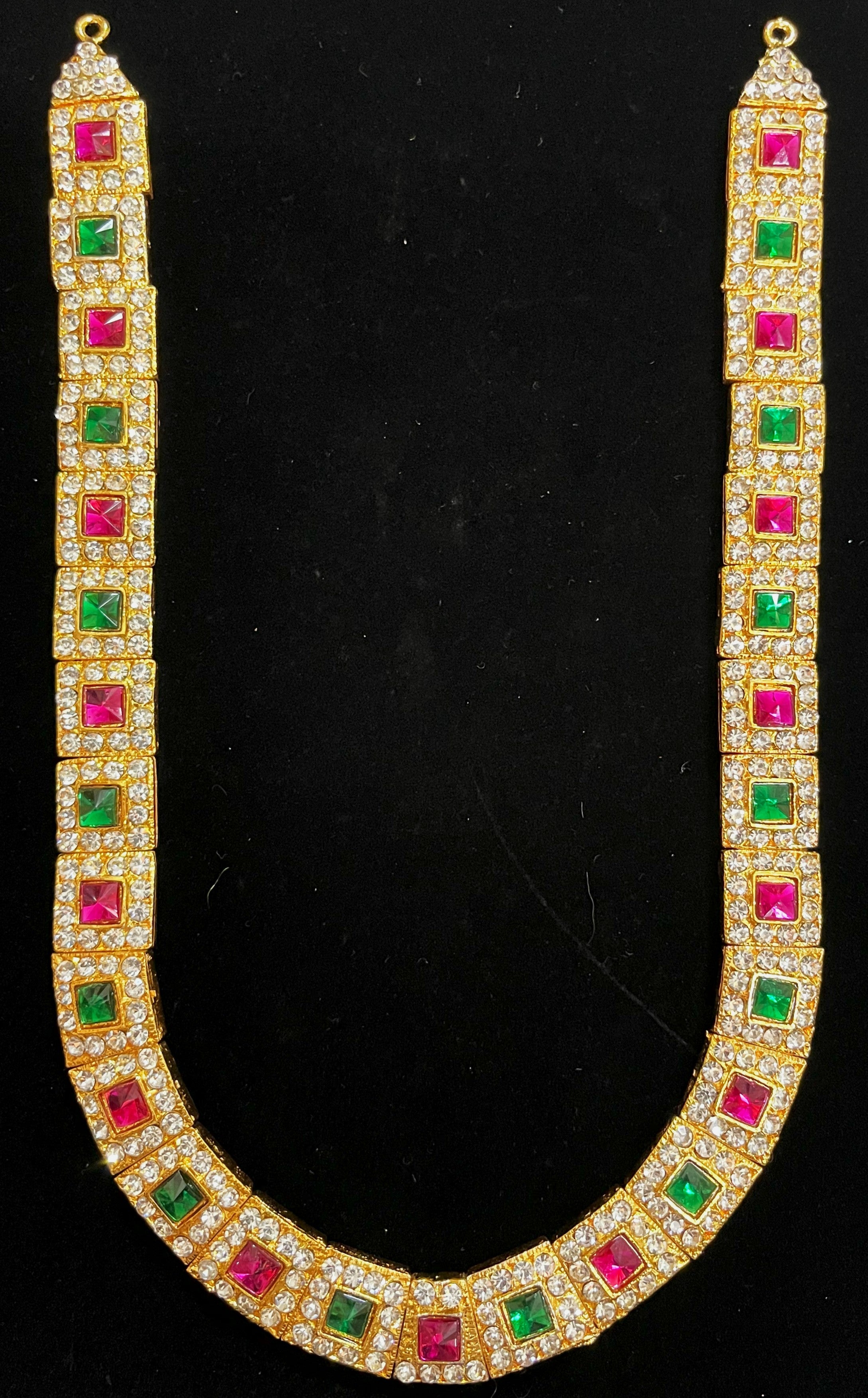 Long Haram – South Indian Temple Jewellery - Pink, white & green stones / Red, white & green stones on South Indian Stones metal alloy - Length: 9 inches, Width: 5.5 inches 1