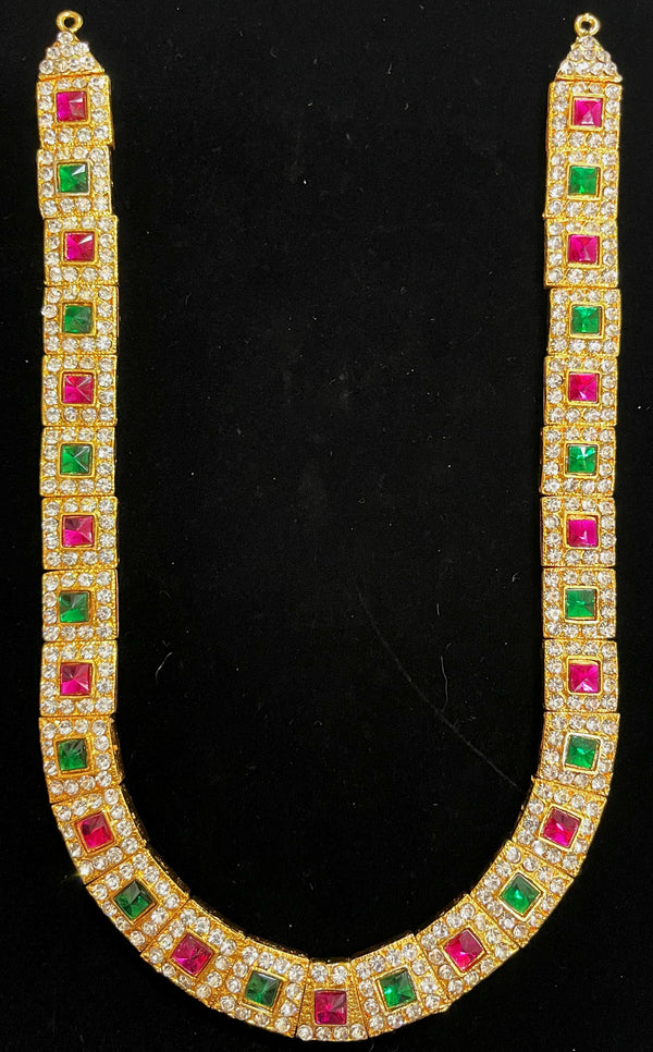 Long Haram – South Indian Temple Jewellery - Pink, white & green stones / Red, white & green stones on South Indian Stones metal alloy - Length: 9 inches, Width: 5.5 inches