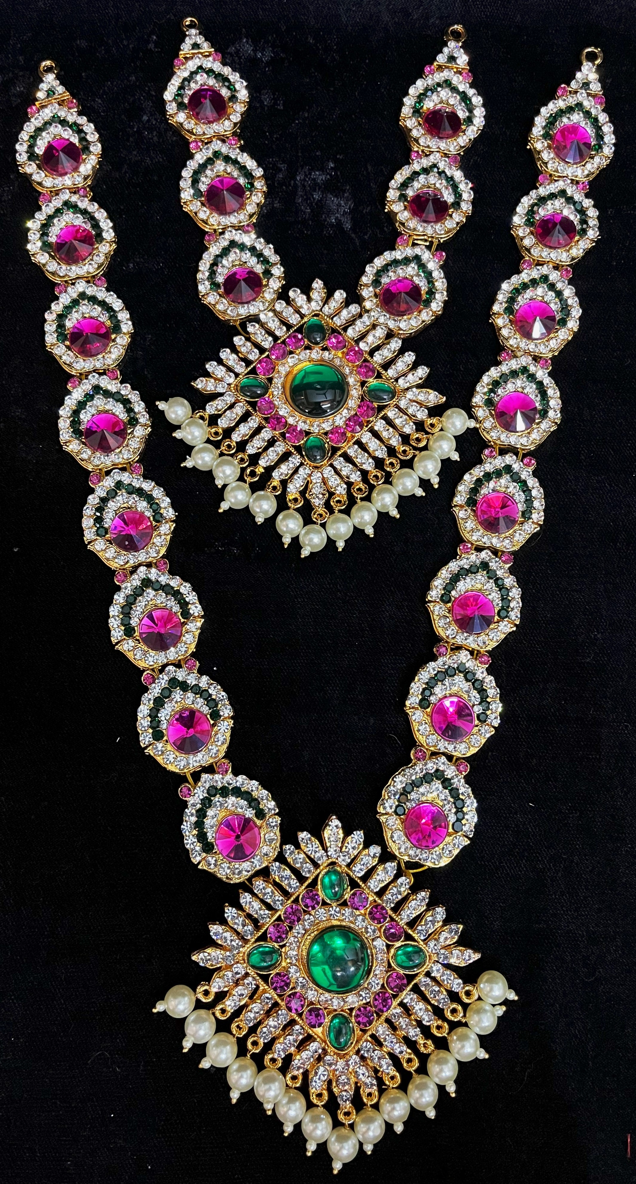 Multi-Layer Temple Haram – Royal Grand Alankaram - Pink, white & green stones / Red, white & green stones on South Indian Stones metal alloy - Length for big necklace: 12 inches, Length for big necklace: 7 inches 2