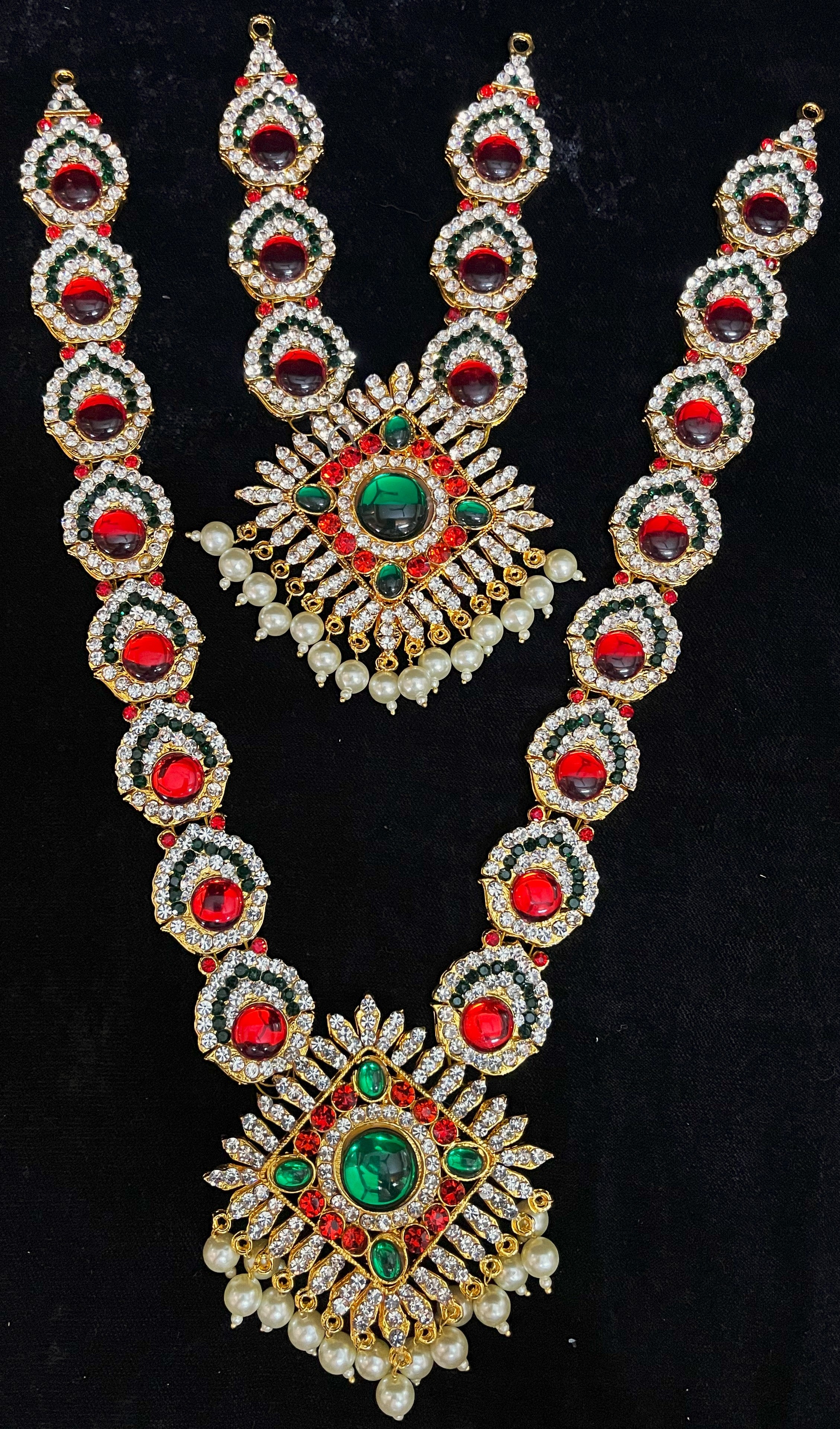 Multi-Layer Temple Haram – Royal Grand Alankaram - Pink, white & green stones / Red, white & green stones on South Indian Stones metal alloy - Length for big necklace: 12 inches, Length for big necklace: 7 inches 1