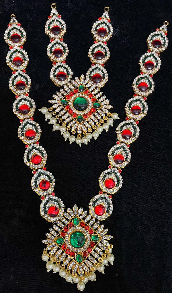 Multi-Layer Temple Haram – Royal Grand Alankaram - Pink, white & green stones / Red, white & green stones on South Indian Stones metal alloy - Length for big necklace: 12 inches, Length for big necklace: 7 inches