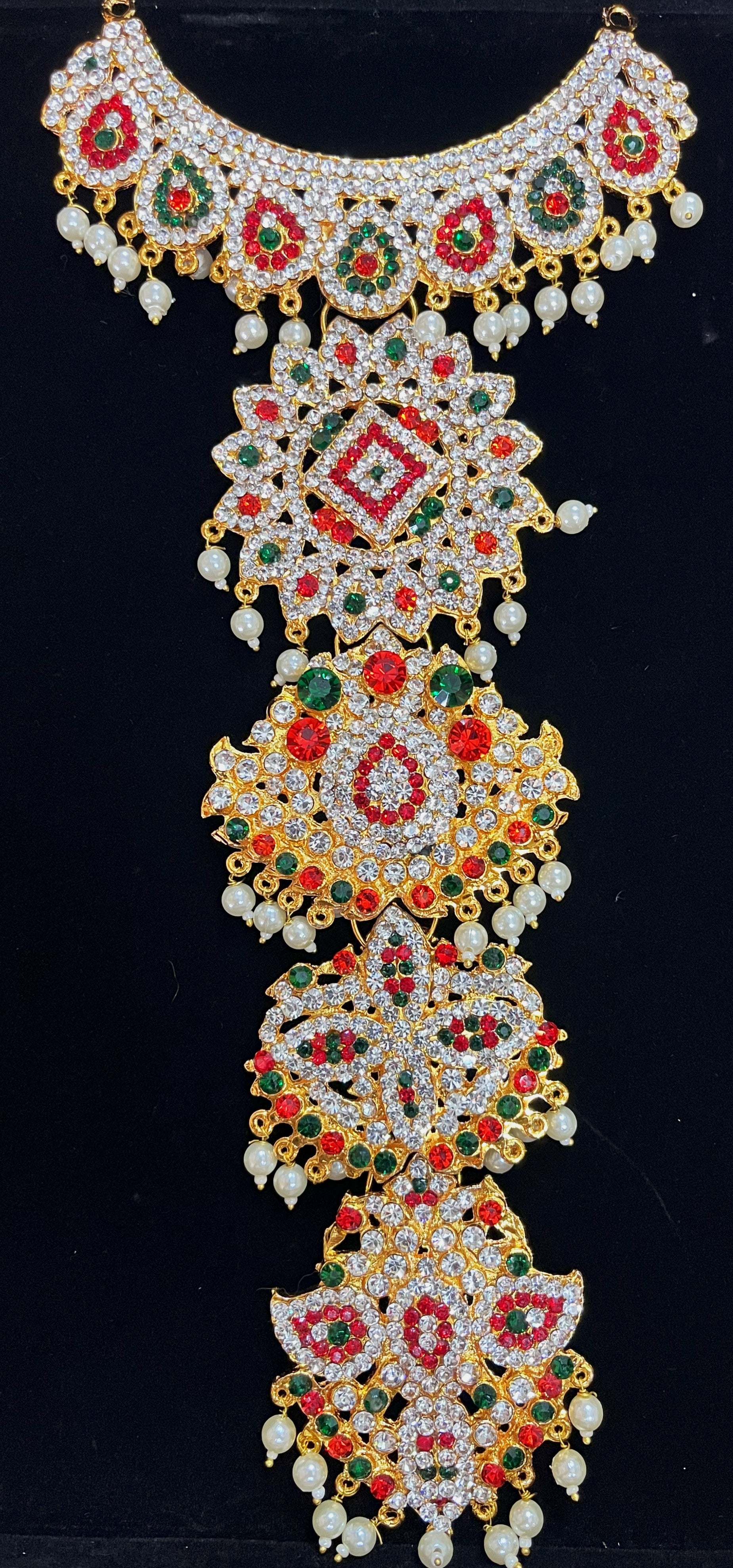 Long Haram – South Indian Temple Jewellery - Pink, white & green stones / Red, white & green stones on South Indian Stones metal alloy - Length: 12 inches, Width: 4 inches