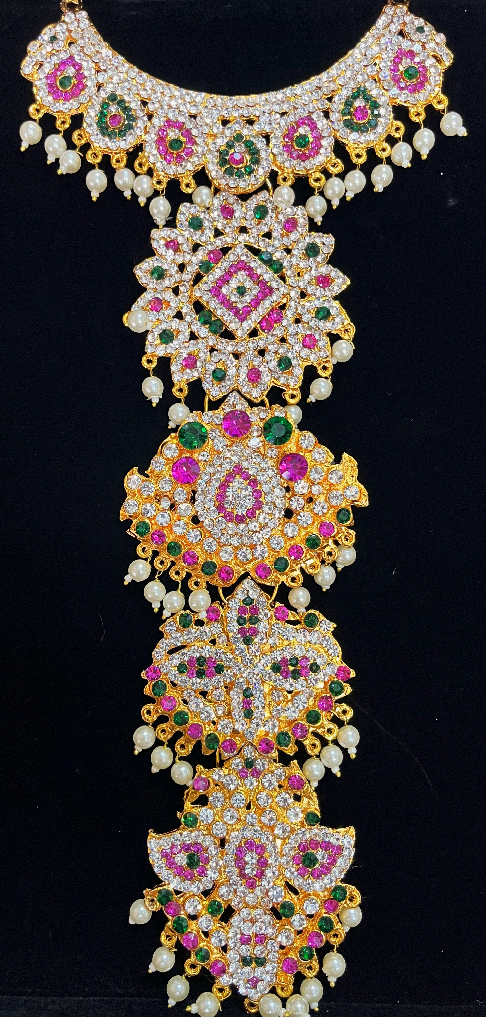 Long Haram – South Indian Temple Jewellery - Pink, white & green stones / Red, white & green stones on South Indian Stones metal alloy - Length: 12 inches, Width: 4 inches