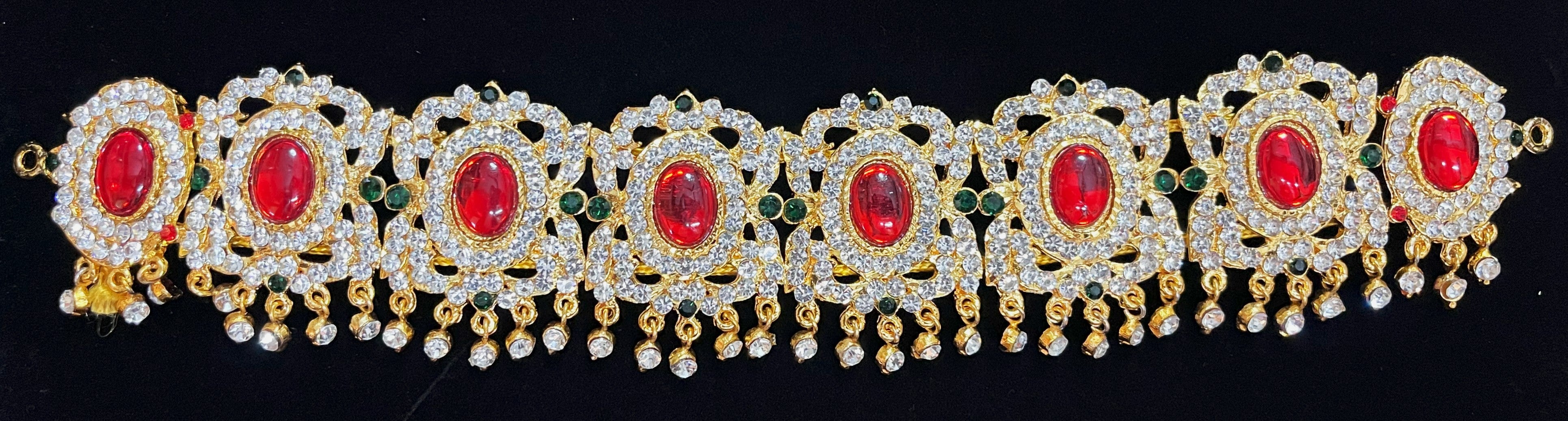 Temple Waist Belt (Oddiyanam) with Stone Work - Pink, white & green stones / Red, white & green stones on South Indian Stones metal alloy - Length: 10 inches 2