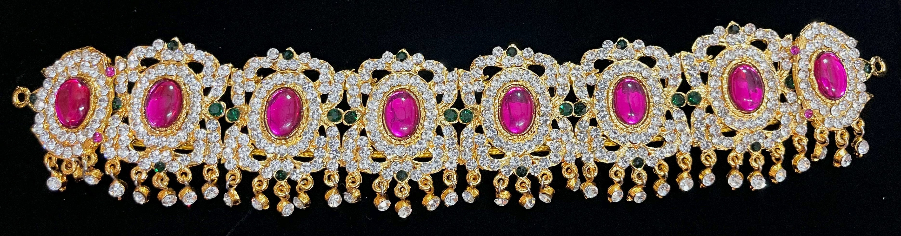 Temple Waist Belt (Oddiyanam) with Stone Work - Pink, white & green stones / Red, white & green stones on South Indian Stones metal alloy - Length: 10 inches 1