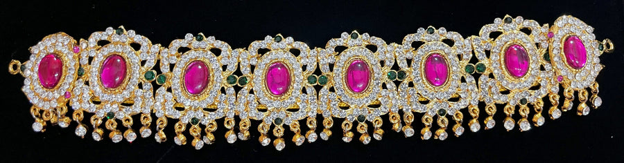 Temple Waist Belt (Oddiyanam) with Stone Work - Pink, white & green stones / Red, white & green stones on South Indian Stones metal alloy - Length: 10 inches