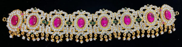 Temple Waist Belt (Oddiyanam) with Stone Work - Pink, white & green stones / Red, white & green stones on South Indian Stones metal alloy - Length: 10 inches