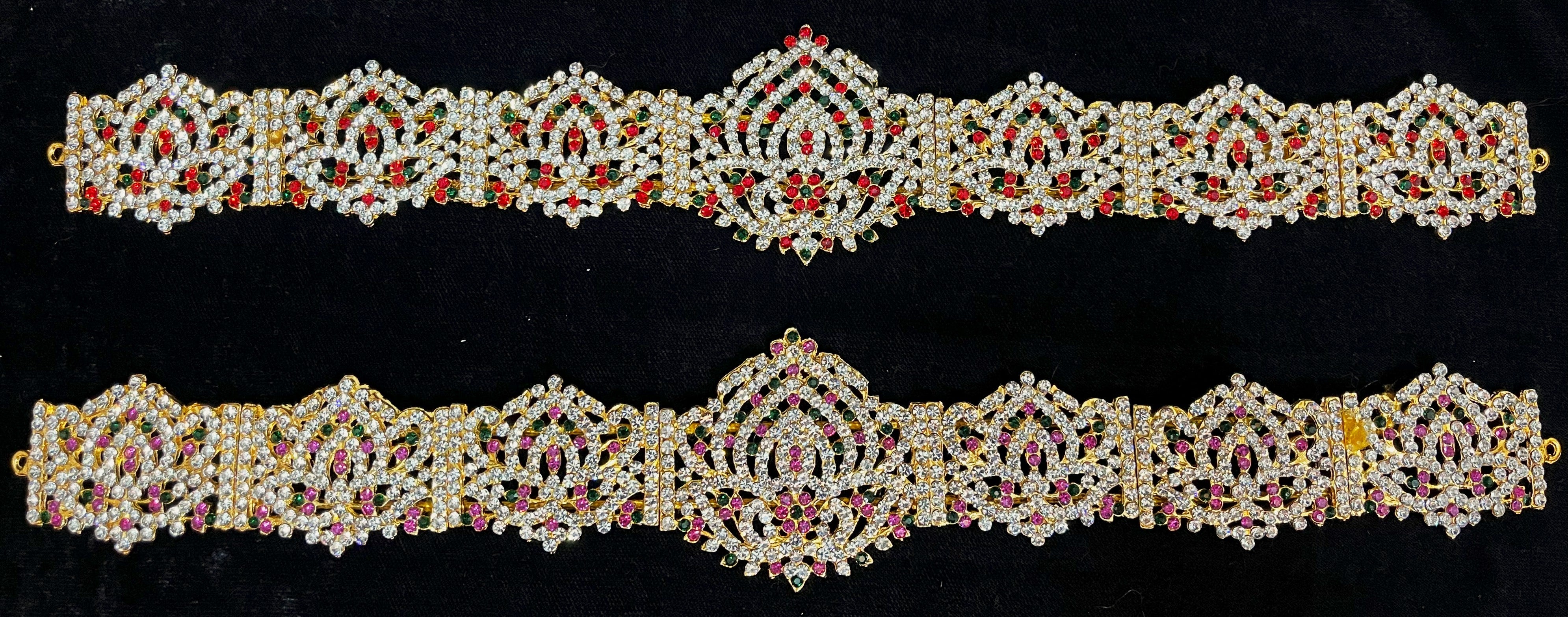 Temple Waist Belt (Oddiyanam) with Stone Work - Pink, white & green stones / Red, white & green stones on South Indian Stones metal alloy - Length: 14 inches 1