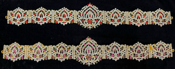 Temple Waist Belt (Oddiyanam) with Stone Work - Pink, white & green stones / Red, white & green stones on South Indian Stones metal alloy - Length: 14 inches