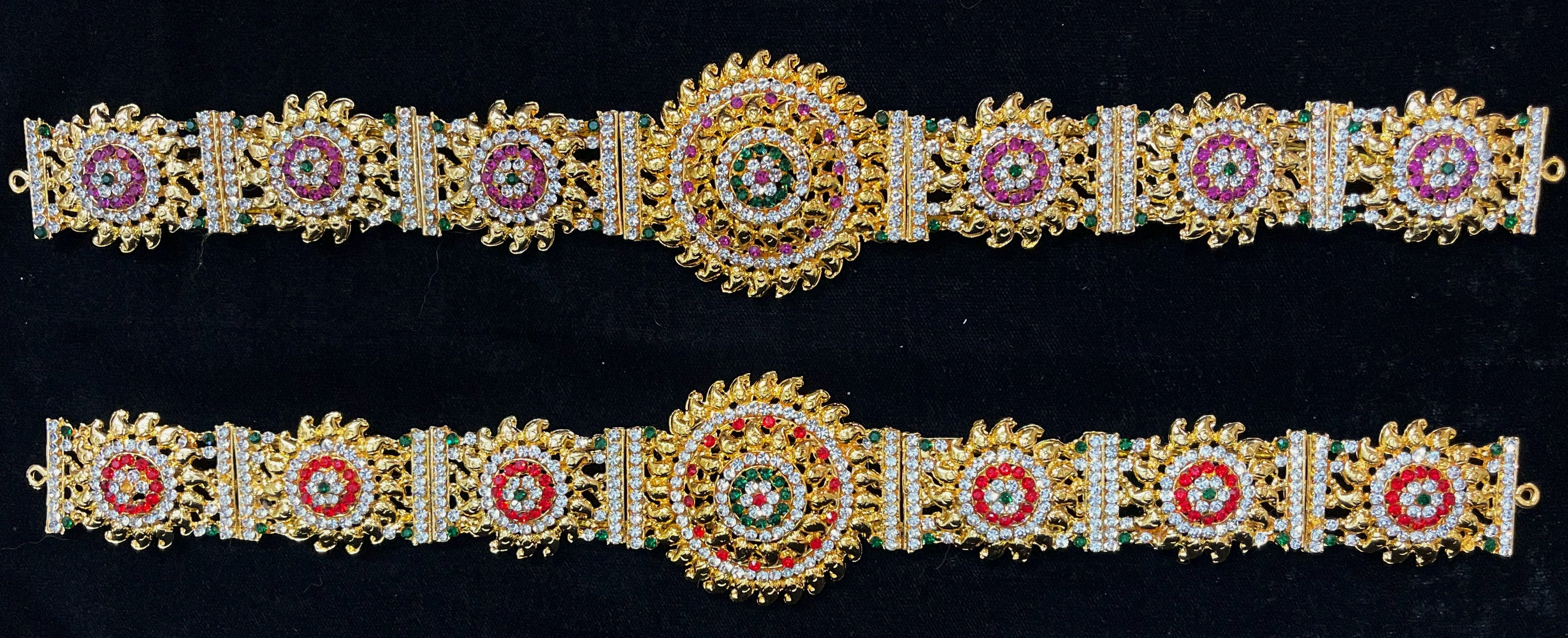 Temple Waist Belt (Oddiyanam) with Stone Work - Pink, white & green stones / Red, white & green stones on South Indian Stones metal alloy - Length: 14 inches 1