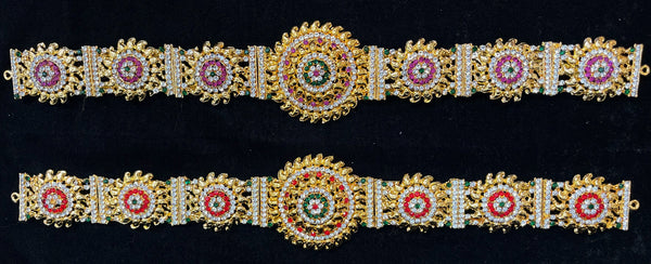 Temple Waist Belt (Oddiyanam) with Stone Work - Pink, white & green stones / Red, white & green stones on South Indian Stones metal alloy - Length: 14 inches