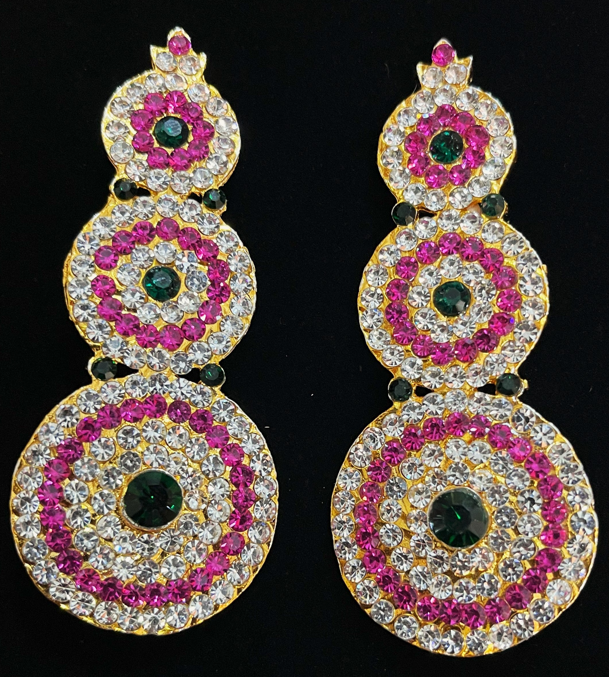 Temple Earrings – Traditional Balaji Design - Pink, white & green stones / Red, white & green stones on South Indian Stones metal alloy - Length: 3.25 inches 1