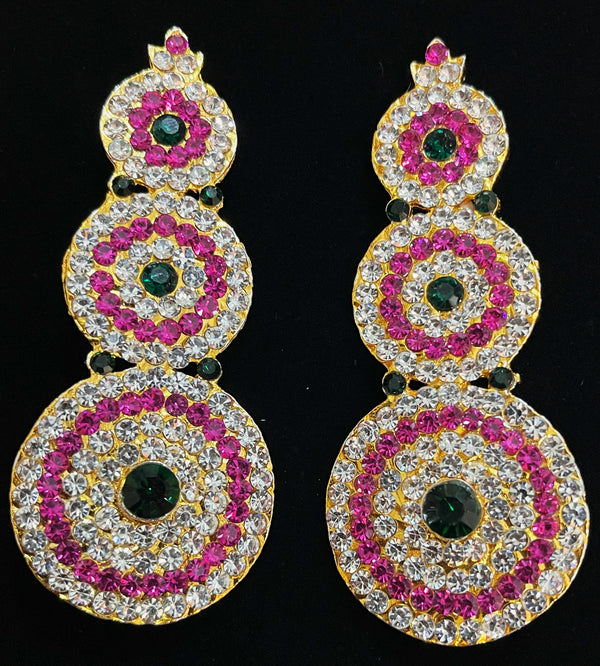 Temple Earrings – Traditional Balaji Design - Pink, white & green stones / Red, white & green stones on South Indian Stones metal alloy - Length: 3.25 inches