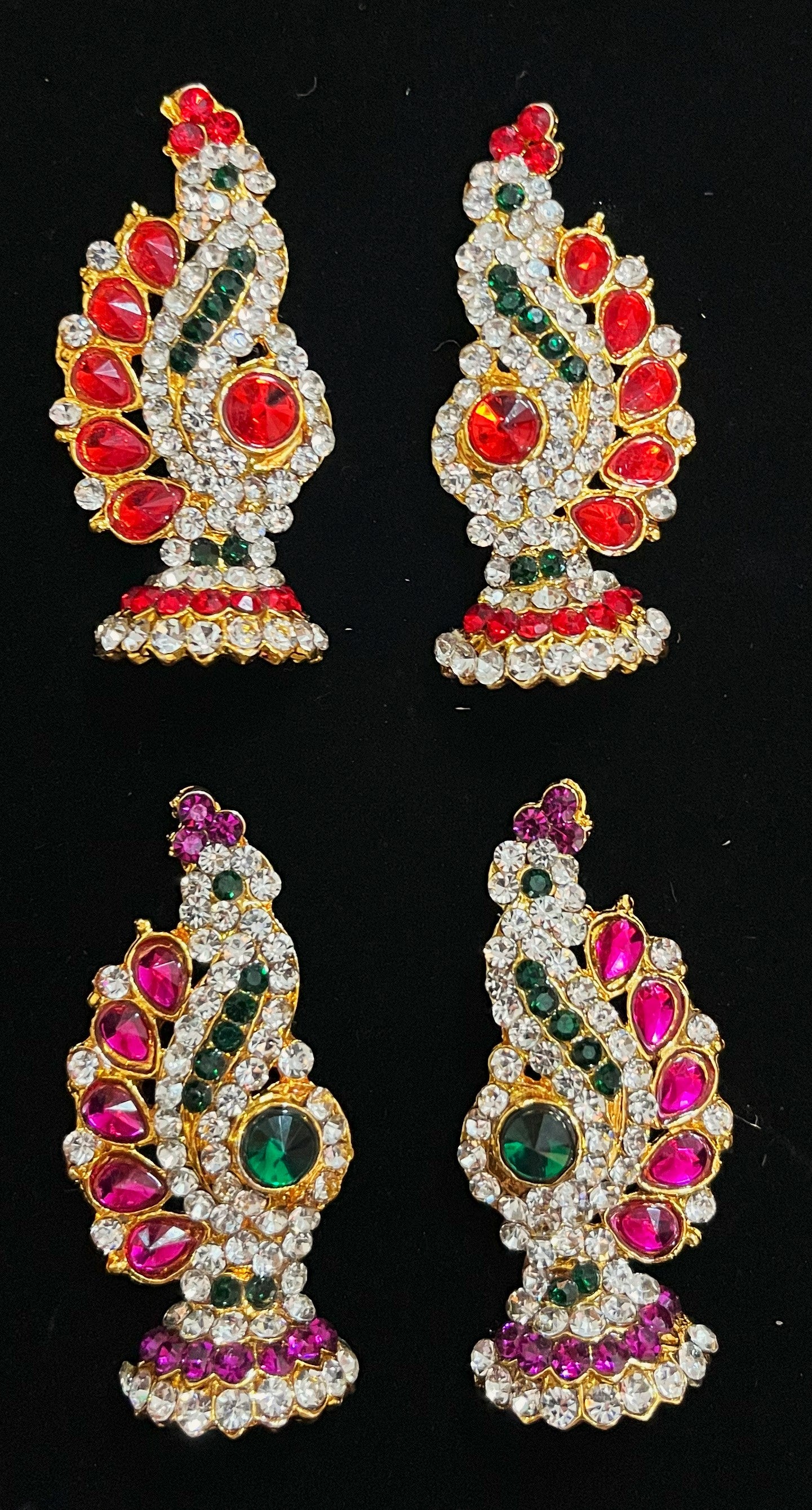 Temple Jhumka Earrings – Classic Hanging Bell Design - Pink, white & green stones / Red, white & green stones on South Indian Stones metal alloy - Length: 2 inches 1
