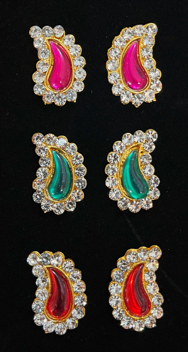 Temple Ear Studs – Minimal Divine Stone Earrings - Pink & White stone / Green & White  stone / Red & White stone on South Indian Stones metal alloy - Length: 2 cms