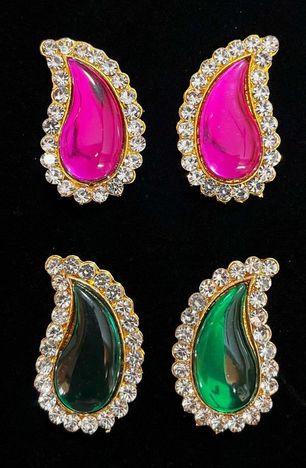 Temple Ear Studs – Minimal Divine Stone Earrings - Pink & White stone / Green & White  stone / Red & White stone on South Indian Stones metal alloy - Length: 1 inch