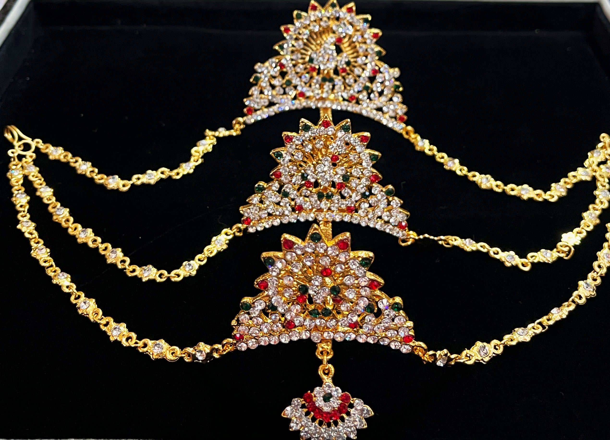 Temple Hair Alankaram Set – Divine Bridal Style - Red, white & green stones on South Indian Stones metal alloy - Length: 6 inches 1