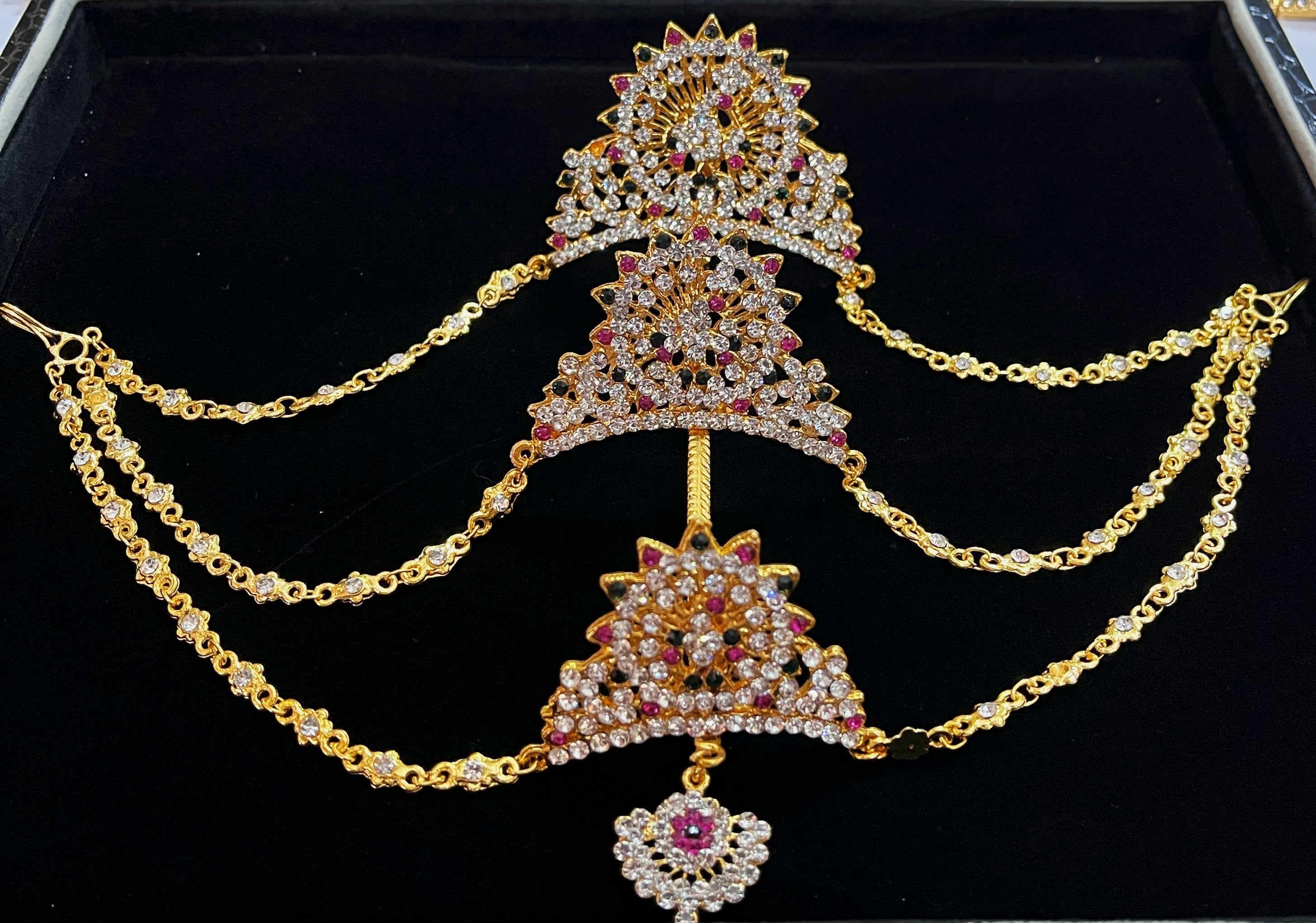Temple Hair Alankaram Set – Divine Bridal Style - Pink, white & green stones on South Indian Stones metal alloy - Length: 6 inches 1