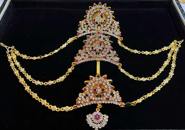 Temple Hair Alankaram Set – Divine Bridal Style - Pink, white & green stones on South Indian Stones metal alloy - Length: 6 inches