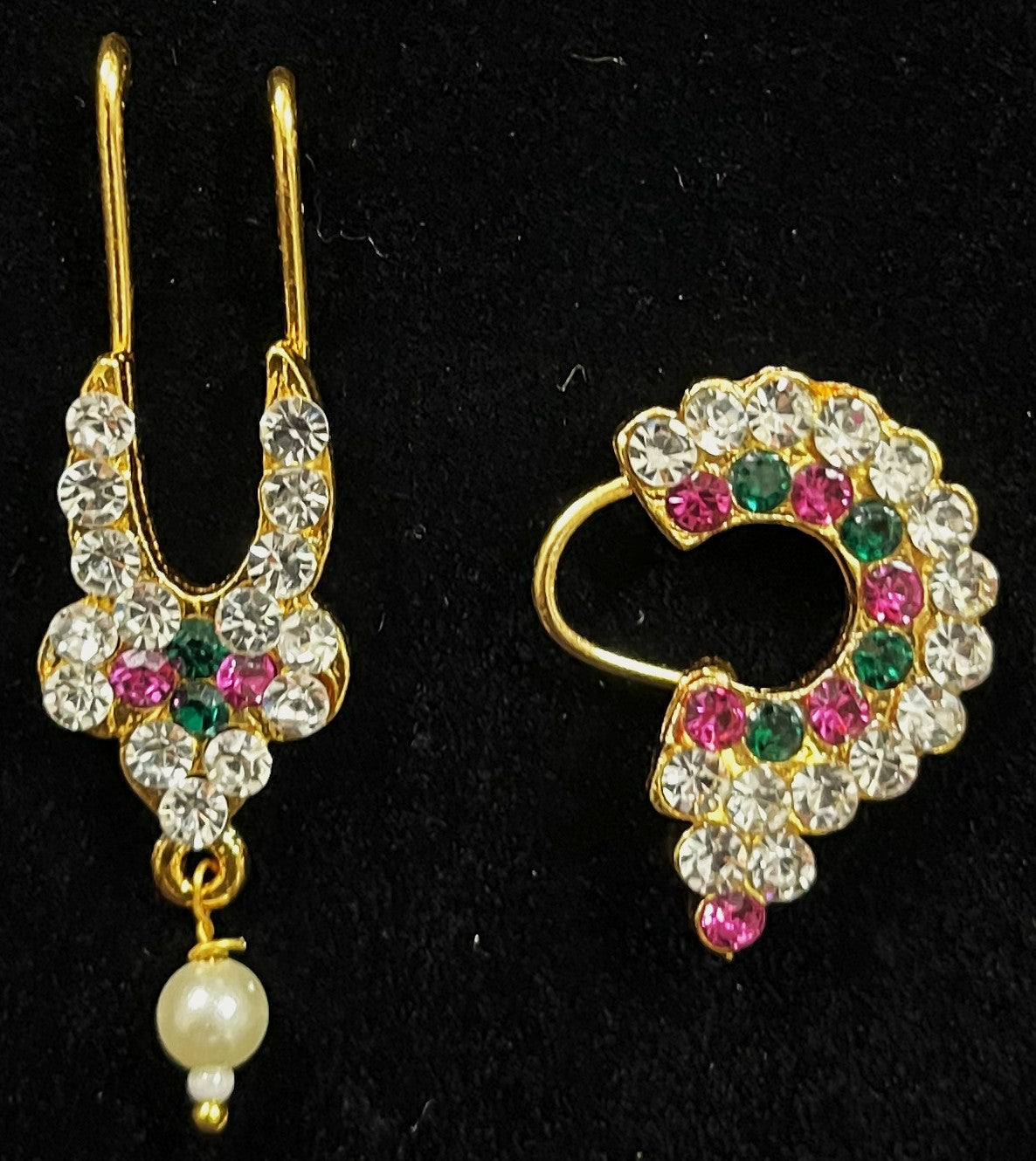 Temple Nose Ring and Septum Collection – Traditional Nose Ornaments - White & Red/  White, Pink & Blue / White, Green & Pink stones on South Indian Stones metal alloy - Nose ring length: 1 inches, Septum length: 1.25 inches 3