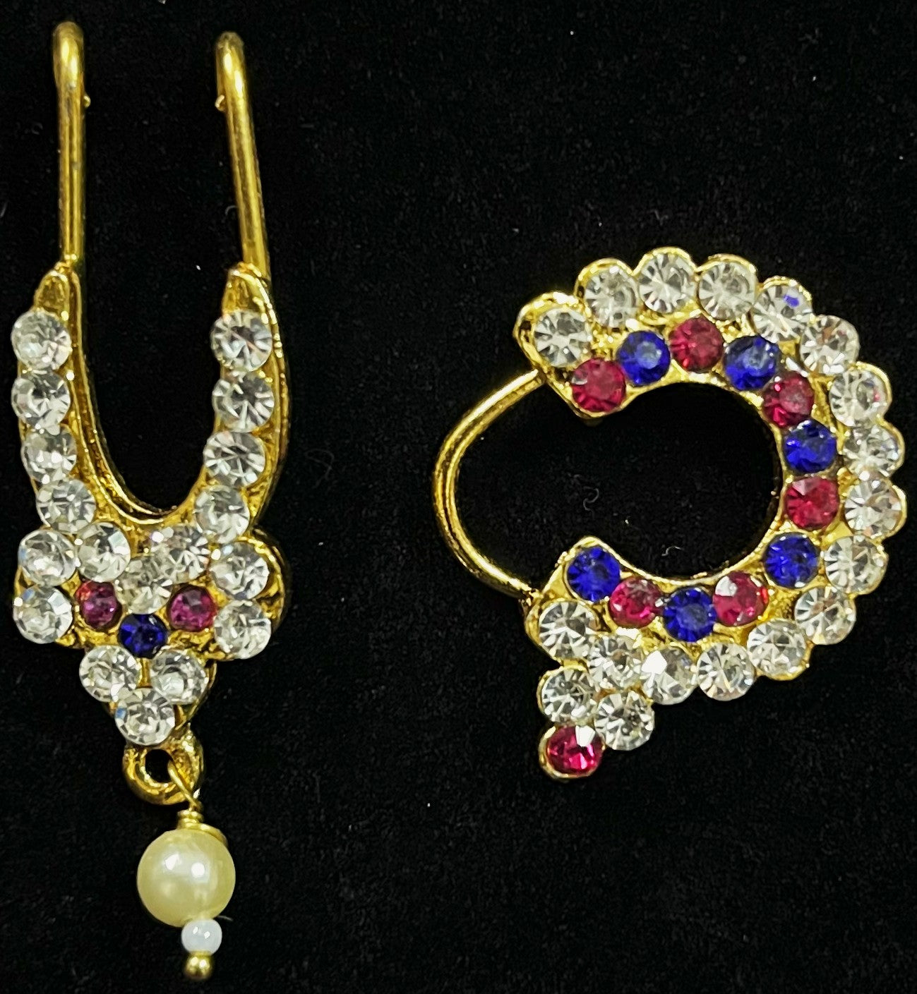 Temple Nose Ring and Septum Collection – Traditional Nose Ornaments - White & Red/  White, Pink & Blue / White, Green & Pink stones on South Indian Stones metal alloy - Nose ring length: 1 inches, Septum length: 1.25 inches 1