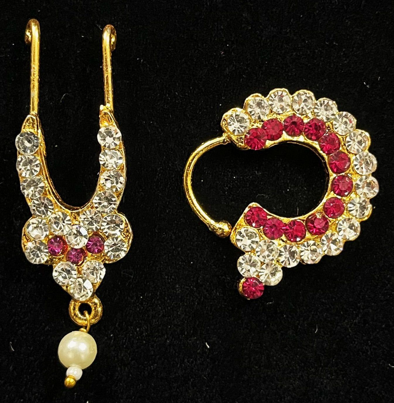 Temple Nose Ring and Septum Collection – Traditional Nose Ornaments - White & Red/  White, Pink & Blue / White, Green & Pink stones on South Indian Stones metal alloy - Nose ring length: 1 inches, Septum length: 1.25 inches 2