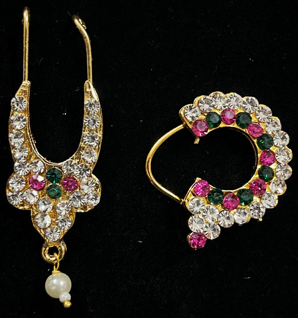 Temple Nath Collection – Traditional Nose Ornaments - White, Green & Pink stones on South Indian Stones metal alloy - Nose ring length: 1 inches, Septum length: 1.5 inches