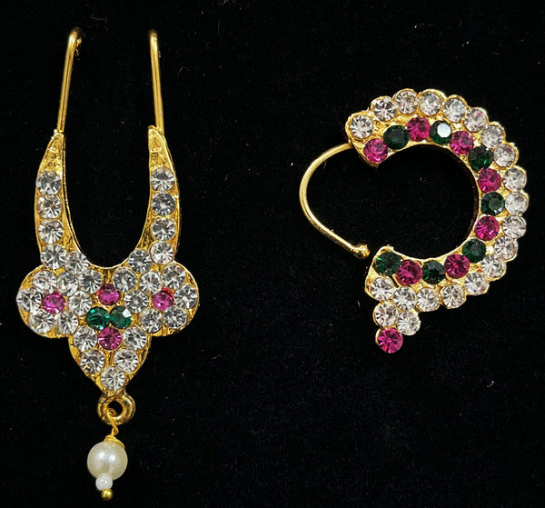Temple Nath Collection – Traditional Nose Ornaments - White, Green & Pink stones on South Indian Stones metal alloy - Nose ring length: 1.25 inches, Septum length: 1.75 inches