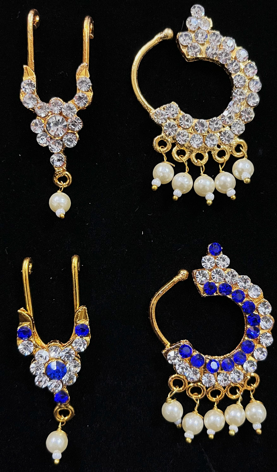 Temple Nath Collection – Traditional Nose Ornaments - White stones / White & Blue stones on South Indian Stones metal alloy - Nose ring length: 1.75 inches, Septum length: 1.5 inches