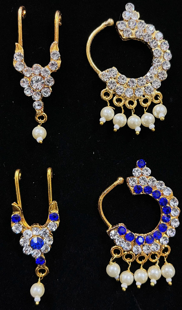 Temple Nath Collection – Traditional Nose Ornaments - White stones / White & Blue stones on South Indian Stones metal alloy - Nose ring length: 1.75 inches, Septum length: 1.5 inches