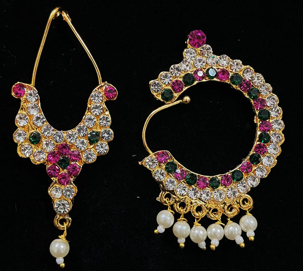 Temple Nath Collection – Traditional Nose Ornaments - White, Green & Pink stones on South Indian Stones metal alloy - Nose ring length: 2.25 inches, Septum length: 2 inches