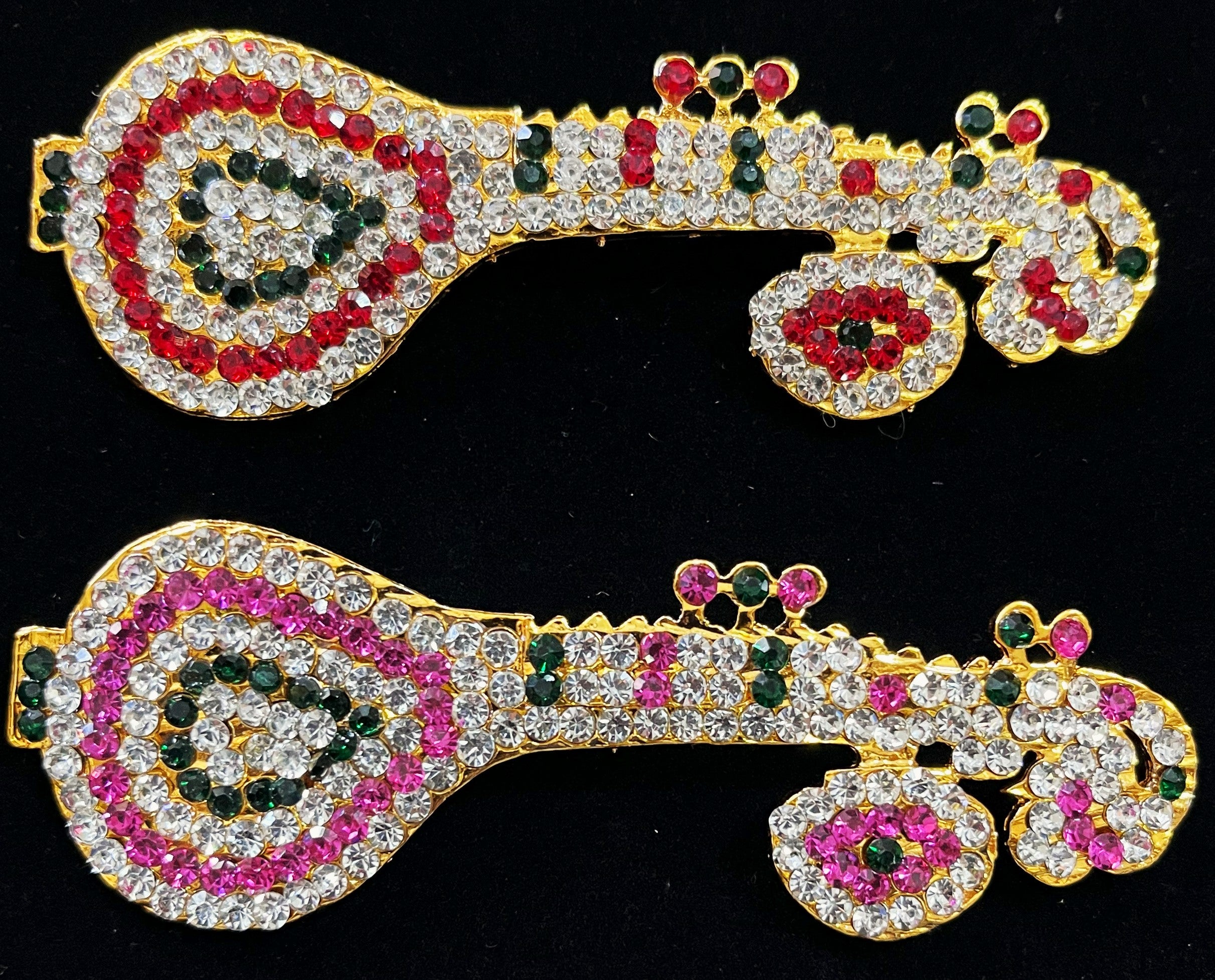 Veena Alankaram Set – Goddess Saraswati Divine Instruments - Pink, green and white / Red, white & green stones on South Indian Stones metal alloy - Length: 3.5 inches 1