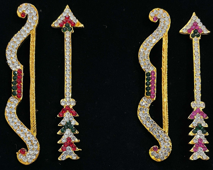 Bow & Arrow - Durga Devi / Lakshmi Ayudha - Pink, green and white / Red, white & green stones on South Indian Stones metal alloy - Length: 3.5 inches