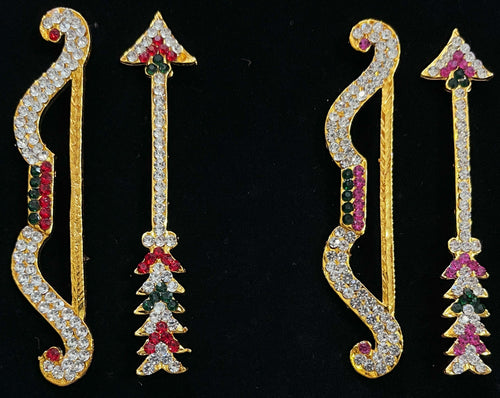 Bow & Arrow - Durga Devi / Lakshmi Ayudha - Pink, green and white / Red, white & green stones on South Indian Stones metal alloy - Length: 3.5 inches