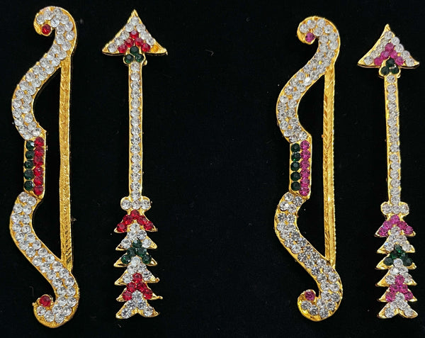Bow & Arrow - Durga Devi / Lakshmi Ayudha - Pink, green and white / Red, white & green stones on South Indian Stones metal alloy - Length: 3.5 inches